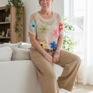 NWT Khaki Colorful Crochet Flower Hollow Sweater